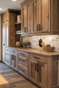 a kitchen with wooden cabinets and white tile backsplashes on the countertops