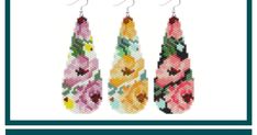 three pairs of earrings with flowers on them, one is pink and the other is green