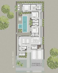 an aerial view of the floor plan for a house with swimming pool and trees in the background