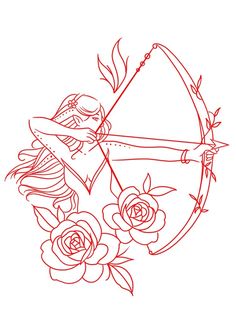 a drawing of a bow and arrow with roses