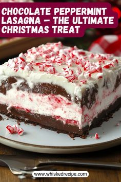 a piece of chocolate peppermint lasagna - the ultimate christmas treat on a plate