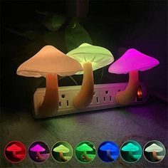 three mushroom lights sitting on top of a power strip with four different colors to choose from