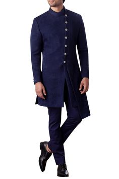 Showcase male sartorial style with this navy blue achkan bandhgala set with an asymmetric hemline and a side placket.
Trousers
Side placket - Aza Fashions Sartorial Style, Full Sleeves, Aza Fashion, Full Sleeve, Navy Blue, Trousers, For Men, Navy, Blue