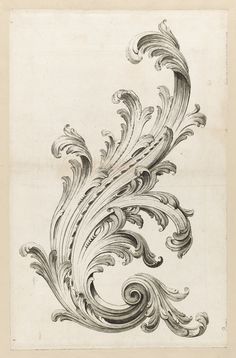 an ornate design with swirls and waves on it's sides, in black ink