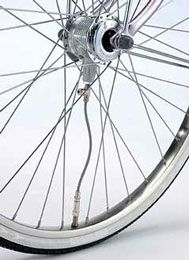 the front wheel of a bicycle with spokes and hubs is shown on a white background