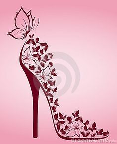 a high heeled shoe with butterflies and flowers on the side, against a pink background