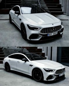 two different views of a white car parked in front of stairs