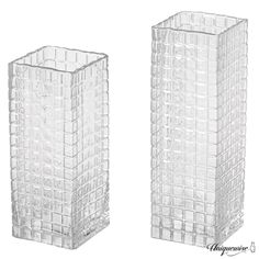 two clear vases sitting next to each other on a white background with the same design