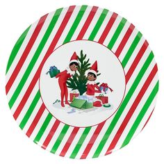 a plate decorated with an elf's christmas tree and two elves on the front