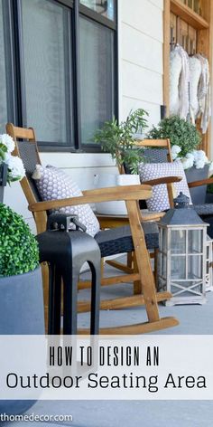 an outdoor seating area with two rocking chairs and potted plants on the front porch