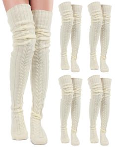 PRICES MAY VARY. 4 Mix Colors: these striped thigh high socks are beige; With classic colors, they can be matched with many clothing, putting a fun touch on your outfits; No matter outside or inside, also daily wear and performance, they are suitable for winter boots, sneakers, running shoes Suitable Size: the height of our thigh high socks approximately 31.5 inches and the length of sole is approximately 9.84 inches; The design of elasticity makes our socks fit for most women with medium or sli Crochet Knee Socks, Sock Boots Outfit, Striped Thigh High Socks, Boots Thigh High, Thigh Socks, Cable Knit Socks, Over Knee Socks, Warm Winter Boots, Sock Outfits