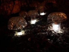 four clear glass mushrooms sitting on the ground at night with light shining through them and glowing in the dark