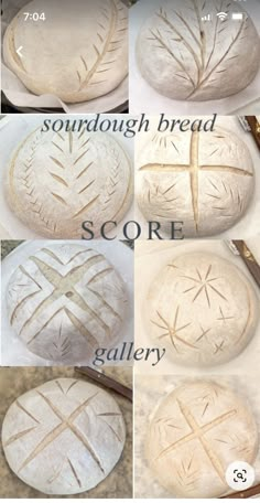 four pictures showing how to make bread in the shape of crosses and cross - stitchs