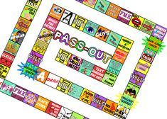 a colorful board game with words and pictures on the front, in different colors that spell out