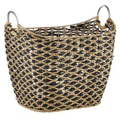 a black and white basket with handles