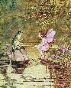 a fairy sitting on top of a rock next to a frog in the water with its wings outstretched