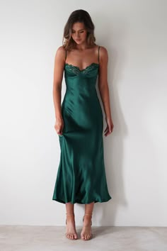 PAREESA SOFT SATIN MAXI DRESS Dark Green Silk Dress, Event Fits, Stunning Wedding Guest Dresses, Fancy Event, Green Silk Dresses, Maxi Dress Wedding Guest, White Bridesmaid Dresses