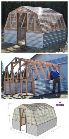 two pictures showing the different stages of building a shed with metal roof and side walls