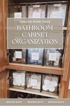 the inside of a bathroom cabinet with labels on it and text overlay that reads amazon home finds bathroom cabinet organization