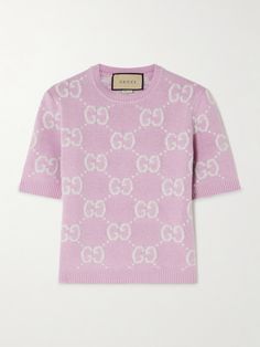 Gucci's wool sweater is jacquard-knitted with the label's monogram in a soft and pretty palette of pink and white. Style yours solo or layered over a long-sleeve shirt. Gucci Sweater, Gucci Outfits, Wool Top, Jacquard Sweater, Jacquard Knit, Shearling Jacket, Pink Sweater, Swimwear Tops, Wool Sweaters