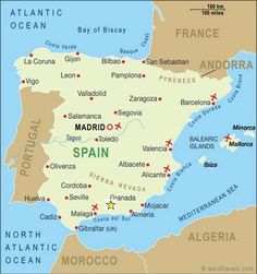 a map of spain with all the major cities and towns in english or spanish language