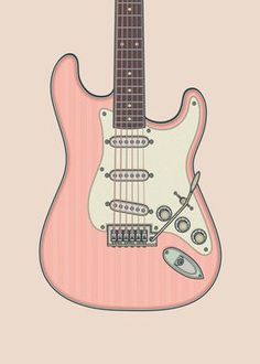 an electric guitar with a pink body and pick up buttons on the neck, in front of a beige background