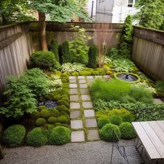 a small garden is shown in the middle of a yard with trees and bushes around it