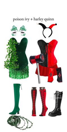 an assortment of costumes and accessories are shown in this image with the caption, poison ivy + harley quin