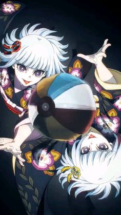 an anime character with white hair and blue eyes holding a large object in her hand