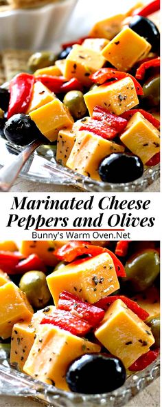 an image of marinated cheese peppers and olives on a platter with text overlay