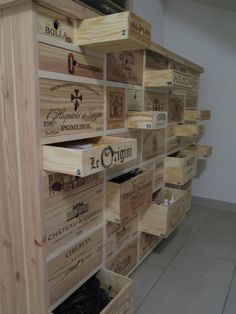 several wooden crates stacked on top of each other