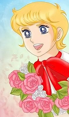 a drawing of a blonde haired boy with blue eyes holding pink roses in his hand