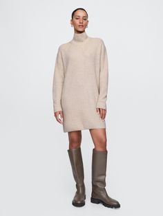 Supersoft cotton-blend mini sweater dress.  Turtleneck.  Long sleeves.  Fit: Over Sweater Dress With Knee High Boots, Beige Sweater Dress Outfit, Dress With Knee High Boots, Beige Sweater Dress, Women Sweater Dress, Lady Parts, Plush Yarn, Sweater Dress Outfit, Mini Sweater