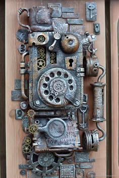 an old clock made out of metal parts