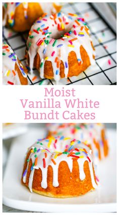 the bundt cakes are covered in white frosting and sprinkles