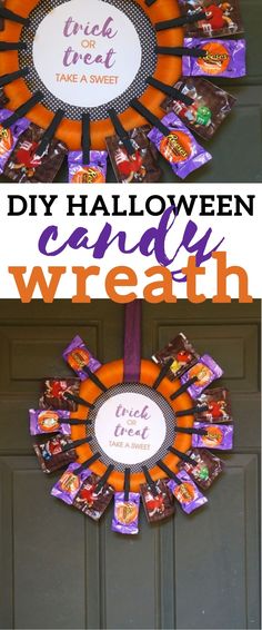 halloween candy wreath with the words diy halloween candy wreath on it and an orange wreath