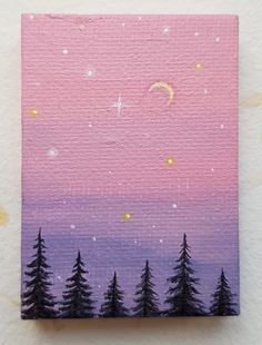 an acrylic painting of pine trees and the moon at night with stars in the sky