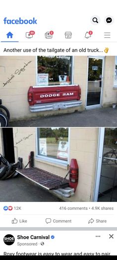 two pictures of a red truck parked in front of a building with the words facebook on it