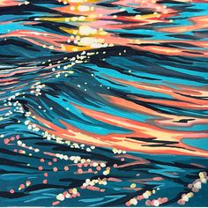 an abstract painting of the ocean waves at sunset with colorful lights coming from them and bubbles in the water