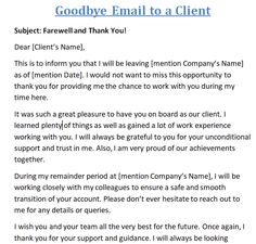 a thank letter to someone for their company's appointment in an email format, with the words goodbye email to a client