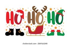 christmas greeting with santa's sleigh, boots and stars on white background