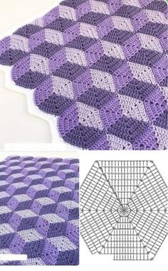 the crocheted afghan is shown in three different colors and sizes, including purple