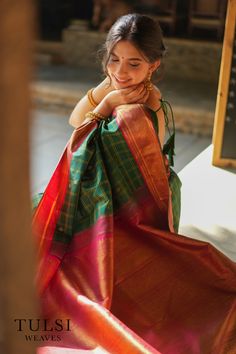 Checks Kanjeevaram Sarees, Red And Green Saree Look, Kanjeevaram Sarees Silk, Red And Green Saree, Green And Red Saree, Kanjeevaram Silk Saree, Checks Saree, Orange Saree, Red Border