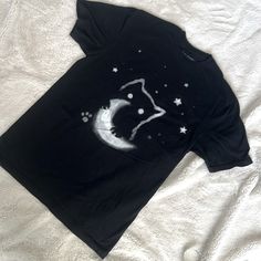 Unworn But Tag Removed, Unisex T Shirt, Kitty Silhouette With Crescent Moon Kitty Silhouette, Paint Clothes, T Shirt Factory, Dark Vibes, Oc Stuff, Cat Moon, Moon T Shirt, Grunge Shirt, Dream Closets