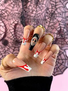 Super cool Friday the 13th themed Halloween nail design!! #jason #jasonvorhees #fridaythe13th #halloween #nailart #nailswag #nailsnailsnails #nailsonfleek #nailsoftheday #nailartdesigns #fallnails #fallnailart #fallnailcolors #fallnaildesign #naildecor #frenchnails #mattenails #frenchtipnails #naildesign #naildesignideas Black Halloween Nails, Horror Nails, October Nails, Halloween Nail Designs, Halloween Nail, Fire Nails, Coffin Nails Designs