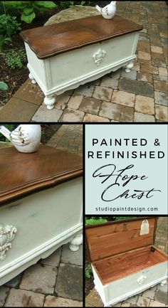 painted and refinished white chest on brick patio with text overlay that reads, painted & refinished love chest