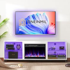 a tv mounted on the wall above a fireplace with an electric fire place in front of it