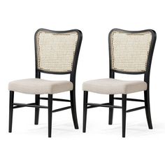 a pair of black and white chairs with beige upholstered backrests on each side