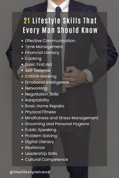 a man wearing a suit and tie with the words 21 lifesty skills that every man should know