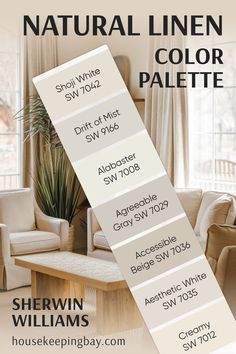 The image features a "Natural Linen Color Palette" by Sherwin Williams. The palette includes the following paint colors, listed in vertical swatches:

Shoji White SW 7042
Drift of Mist SW 9166
Alabaster SW 7008
Agreeable Gray SW 7029
Accessible Beige SW 7036
Aesthetic White SW 7035
Creamy SW 7012
The background shows a cozy living room with neutral-colored furniture and soft lighting. The palette offers a harmonious collection of soft and warm tones for interior design. Beige Trim And Doors, Alabaster And Accessible Beige, Accessible Beige Kitchen, Accessible Beige Trim, Alabaster Walls, Trim And Doors, Warm Neutral Paint Colors, Sherwin Williams Color Palette, Beige Trim